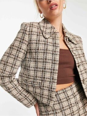 & OTHER STORIES Brown Cream Tweed Blazer Jacket Check 0 XS 32 Italy Preppy Work